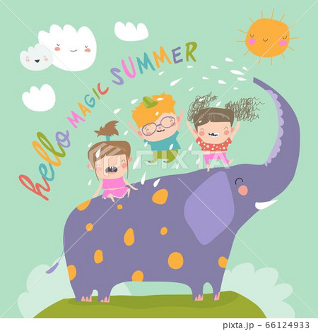 Happy kids with big elephant meet summer 66124933