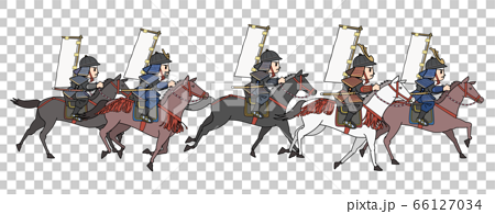日本の戦国時代 騎馬兵軍団 横姿のイラスト素材