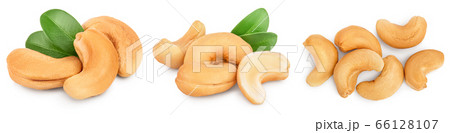 Roasted Cashew nuts with leaf isolated on white background with clipping path and full depth of field. Set or collection 66128107