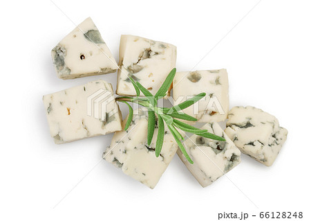 diced Blue cheese with rosemary isolated on white background with clipping path and full depth of field. Top view. Flat lay. diced Blue cheese with rosemary isolated on white background with clipping path and full depth of field. Top view. Flat lay. 66128248