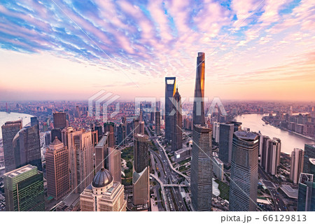 Aerial view of Shanghai city center at sunset time. China. Aerial view of Shanghai city center at sunset time. China. 66129813