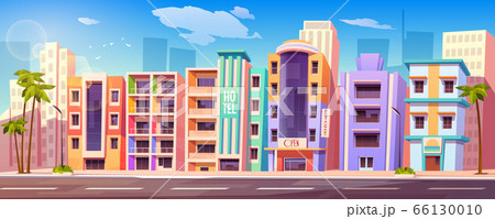 Street in Miami with hotels and palm trees 66130010