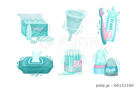 Personal Hygiene Items with Cotton Buds and Wet Wipes Vector Set 66132160