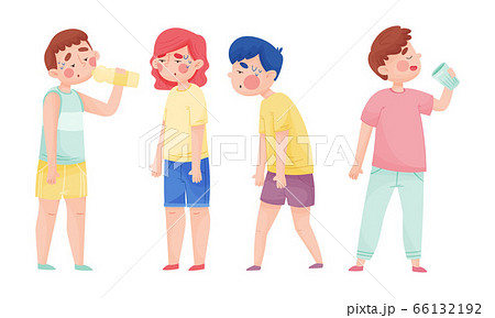 People Characters with Beads of Sweat on Their Forehead Drinking Cool Water from Bottle and Glass Vector Illustrations Set 66132192