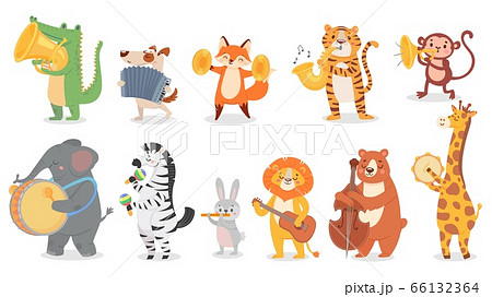 Animals play music. Cute animal playing music instruments, monkey plays trumpet and crocodile with saxophone vector illustration set 66132364