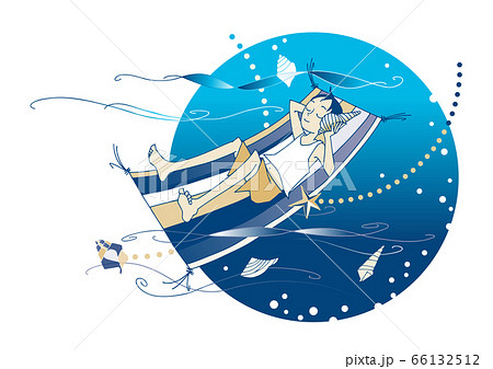 ハンモックに揺られながら 巻貝を耳に当て海中を想像する男の子 夏のイメージイラスト のイラスト素材