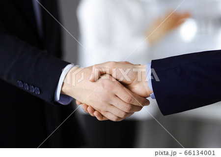Business people shaking hands at meeting or negotiation, close-up. Group of unknown businessmen and a woman standing in a modern office. Teamwork, partnership and handshake concept 66134001