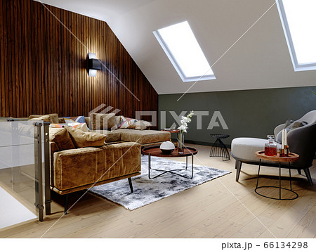 A modern attic with a living space, a sitting area 66134298
