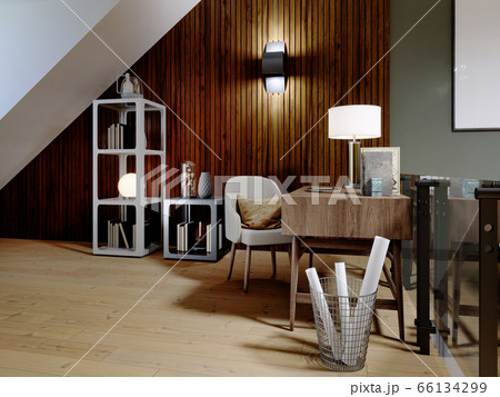 Interior loft design with workspace and a desk 66134299