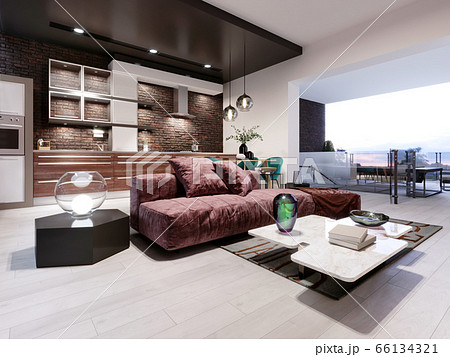 Studio loft design with staircase and dark brick Studio loft design with staircase and dark brick 66134321