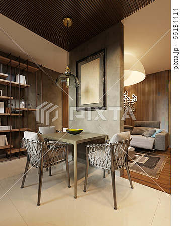 Dining room with contemporary style kitchen in 66134414