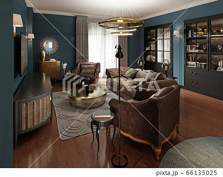 A modern eclectic living room in dark colors, with 66135025