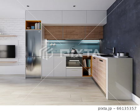 Kitchen in blue and white color with a dining Kitchen in blue and white color with a dining 66135357