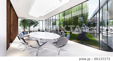 Meeting room with a large white table and black 66135573