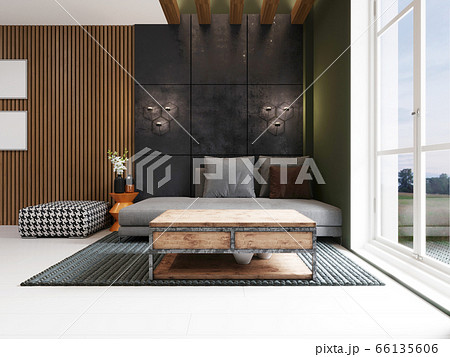 Modern sofa with ottoman in the loft interior. Modern sofa with ottoman in the loft interior. 66135606