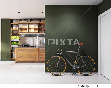 Bicycle in the interior against a blue wall in a 66135703
