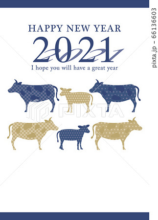 21年丑年 牛シルエットの年賀状テンプレート 藍色 のイラスト素材