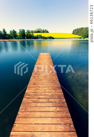 Wooden bridge on the lake in spring 66136723