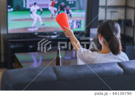 家でスポーツをテレビ観戦する若い女性のイメージ【プロ野球の動画配信サービス】 66136790