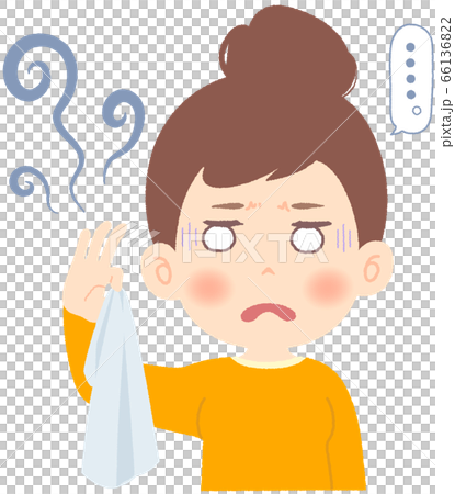 一個女人用手指撿起有異味的衣服並講話 66136822