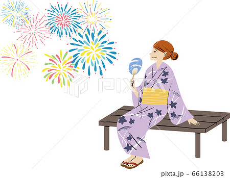 花火を見ている浴衣の女性【白バック】 66138203