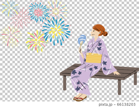 花火を見ている浴衣の女性【白バック】 66138203