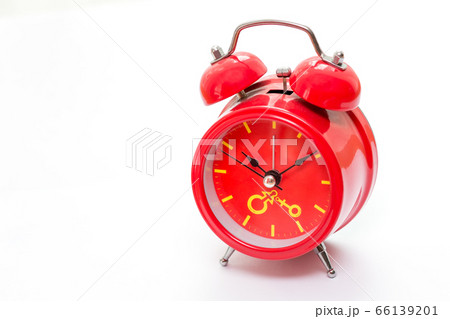 Retro red clock with time at 10 am placing on white background 66139201