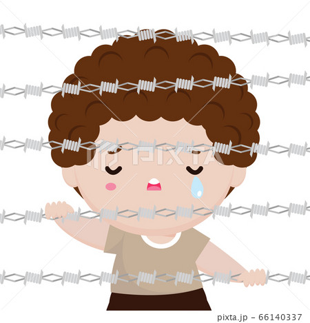 world refugee day, little boy behind barbed wire cartoon character design flat,  Civil war, refugees on boat. migrants. Human immigration isolated on white background vector illustration 66140337