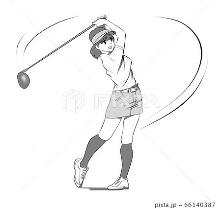 ゴルフ ドライバーでティーショットを打つ女性のイラスト素材