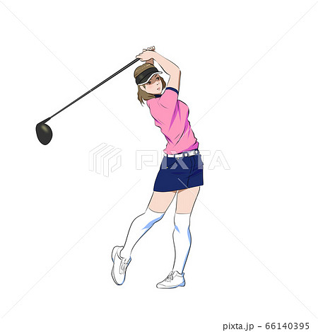 ゴルフ ドライバーでティーショットを打つ女性のイラスト素材