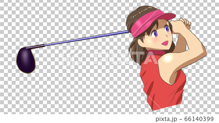 ゴルフ　ドライバーでティーショットを打つ女性 66140399