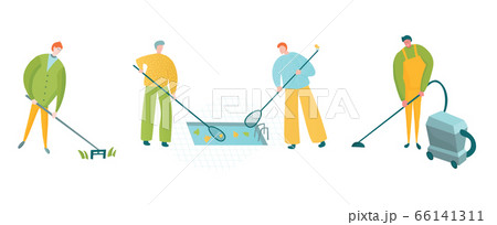 Workers cleaning pool, mowing grass and vacuming. 66141311