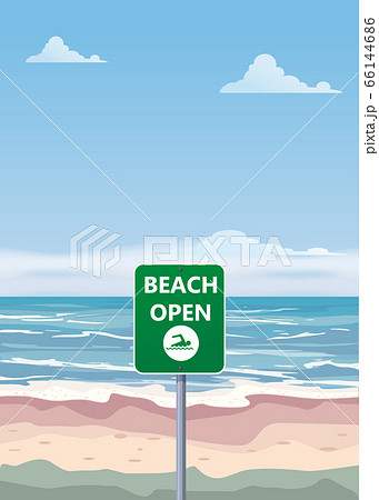Summer beach banner Open. Seascape ocean shore tropical flora palms. Opening season vacation. Vector illustration isolated 66144686
