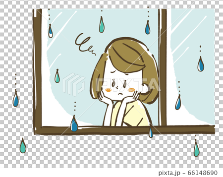 雨の日に憂鬱そうに窓の外を眺める女性のイラスト素材