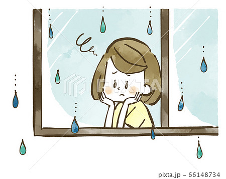 雨の日に憂鬱そうに窓の外を眺める女性 水彩のイラスト素材