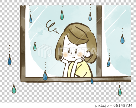 雨の日に憂鬱そうに窓の外を眺める女性 水彩のイラスト素材