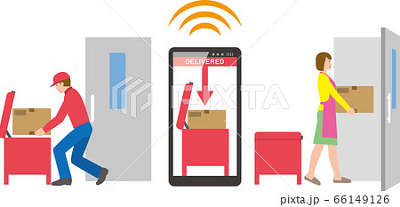 宅配ボックスに荷物を入れる宅配業者と受け取る女性 66149126