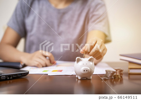 Female hand putting money into piggy bank 66149511