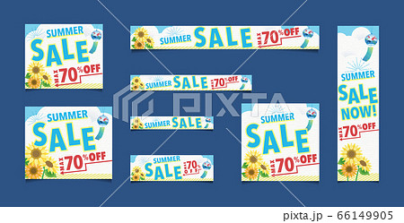 基本サイズのバナーデザインセット 夏 セール 青空 ひまわり 雲 文字ありのイラスト素材