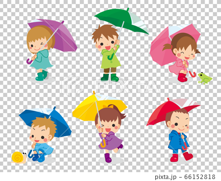 レインコートを着て傘を差している可愛い子どもたちセットのイラスト素材