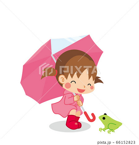 レインコートを着て傘を差している可愛い女の子とアマガエルのイラスト素材