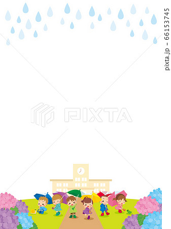 雨の日にアジサイの咲く学校の前でレインコートを着て傘を差している子どもたち 66153745