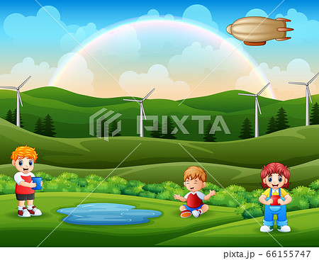 Cartoon happy kids enjoying nature Cartoon happy kids enjoying nature 66155747