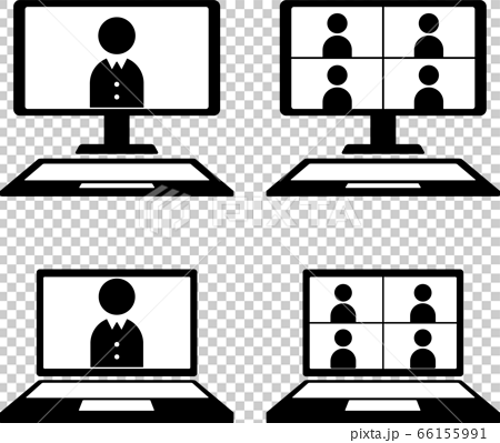 Web会議とオンライン面接のパソコン画面のアイコンセットのイラスト素材