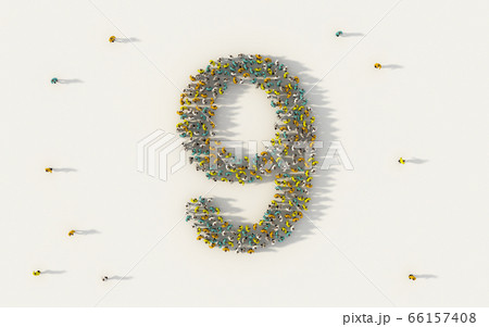 Large group of people forming number nine, 9, 66157408