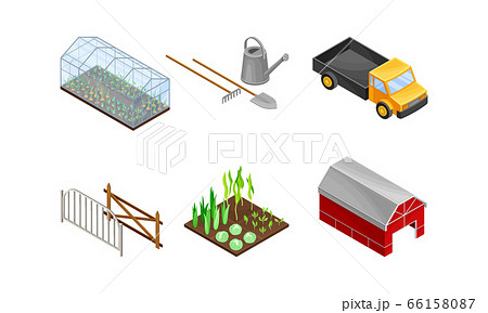 Greenhouse with Agricultural Crops Growing in Germination Bed and Barn Vector Set Greenhouse with Agricultural Crops Growing in Germination Bed and Barn Vector Set 66158087