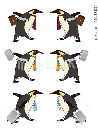 ペンギンを忙しそうなビジネスマンに擬人化したイラストのセットのイラスト素材