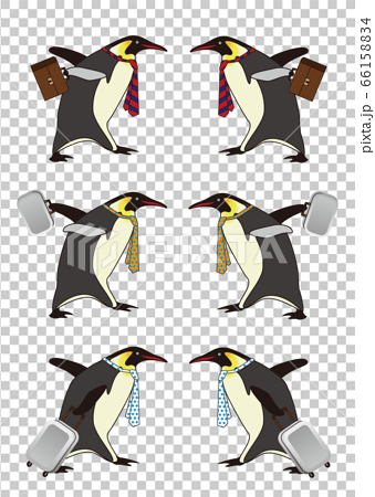 ペンギンを忙しそうなビジネスマンに擬人化したイラストのセットのイラスト素材