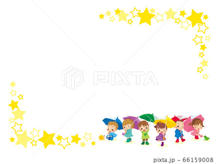 レインコートを着て傘を差している可愛い子どもたち 星柄フレーム のイラスト素材