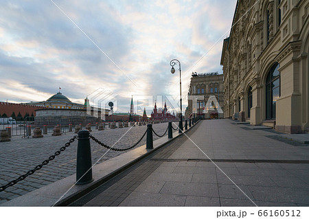 Photography of Red Square, Kremlin Towers, State Historical Museum, Residence of the President of Russian Federation, GUM (Central Department Store). Coronavirus pandemic square wiithout people. Photography of Red Square, Kremlin Towers, State Historical Museum, Residence of the President of Russian Federation, GUM (Central Department Store). Coronavirus pandemic square wiithout people. 66160512